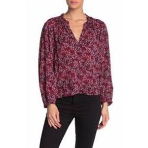Abound Blouse Burgundy Dense Dot Floral Ruffle V-Neck Long Sleeve Women's   NEW